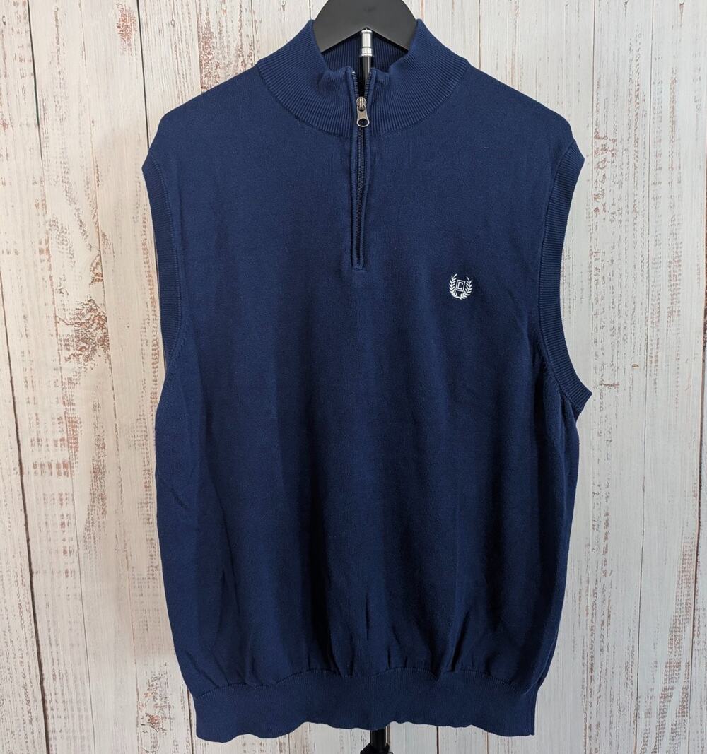 Chaps Sweater Vest Mens XL Navy Blue 100% Cotton Quarter Zip Mock Neck Golf